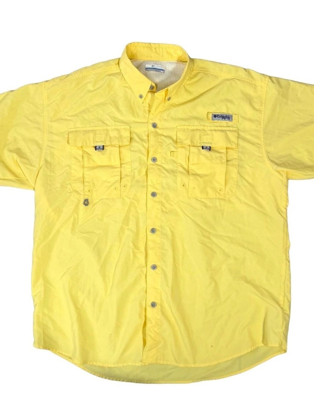 Columbia PFG Men Yellow Size M Button Up Short Sleeve Shirt Pockets Fishing Gear